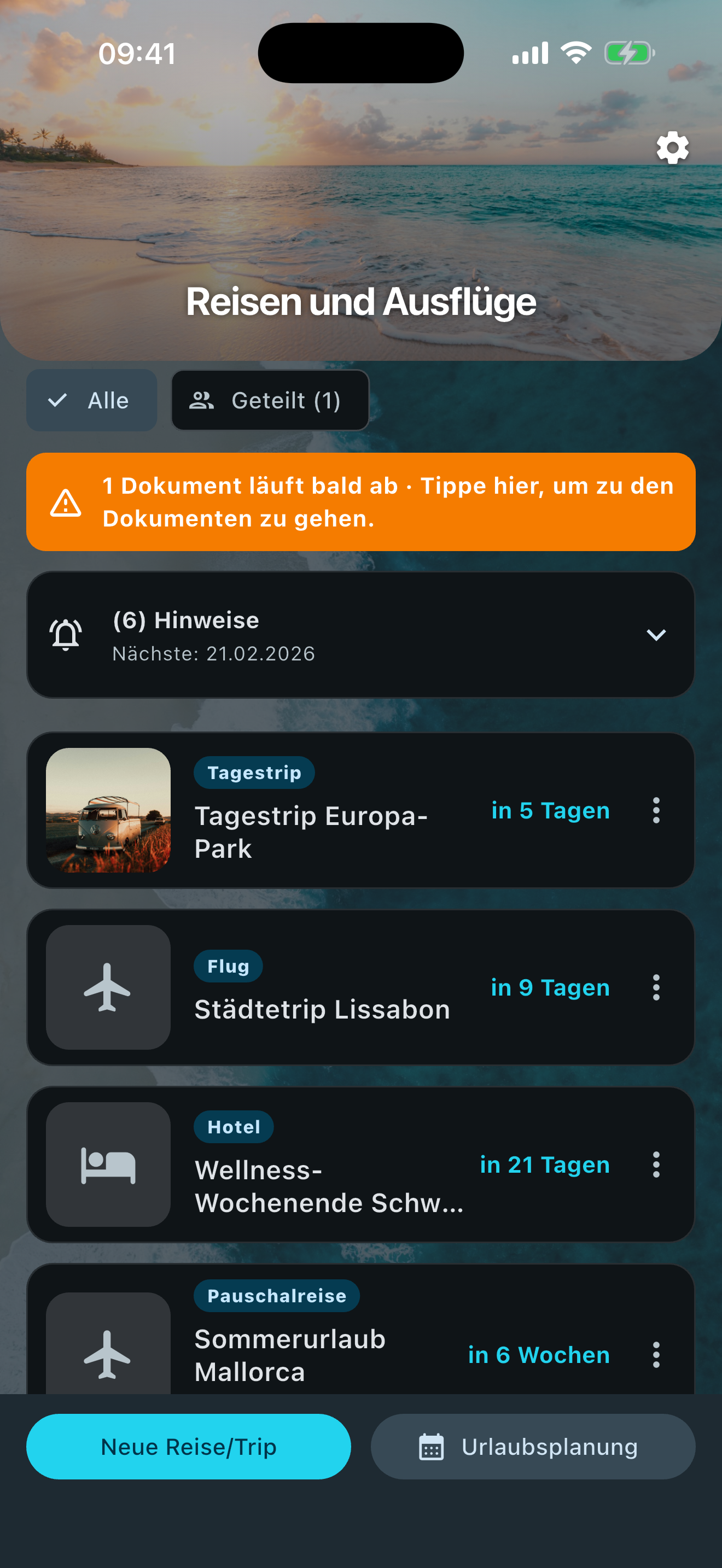 Vacaplan: Reisen und Ausflüge — Übersicht mit Countdown und Hinweisen